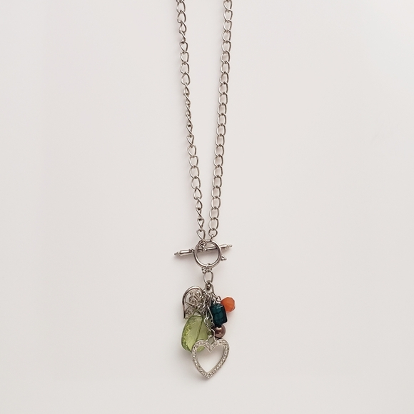 Two Silver Hearts With Mixed Charms Toggle/Bar Statement Necklace - Picture 2 of 6